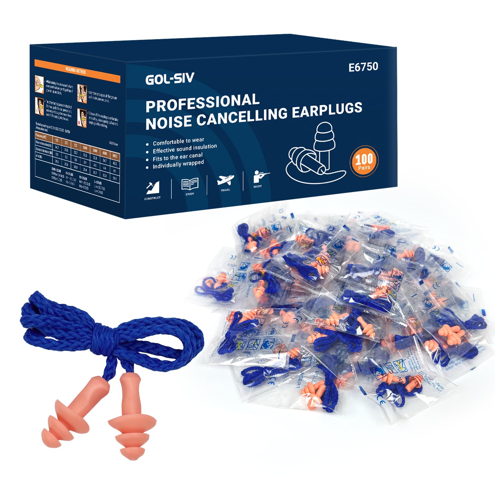 GOL-SIV earplugs in a 100-pair wrapped set for quick access.