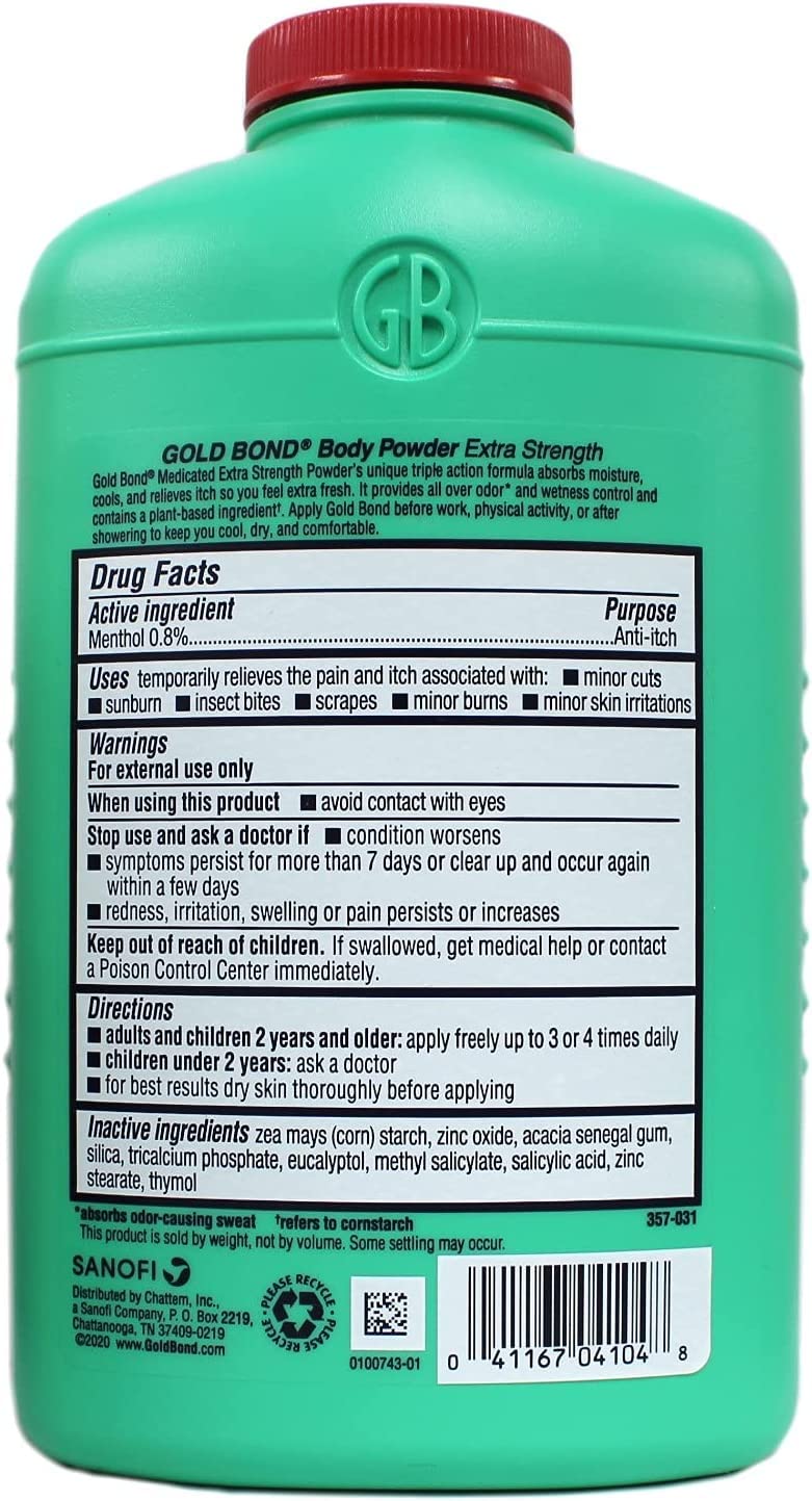 Cornstarch-based, talc-free Gold Bond powder with menthol cooling for itch relief.