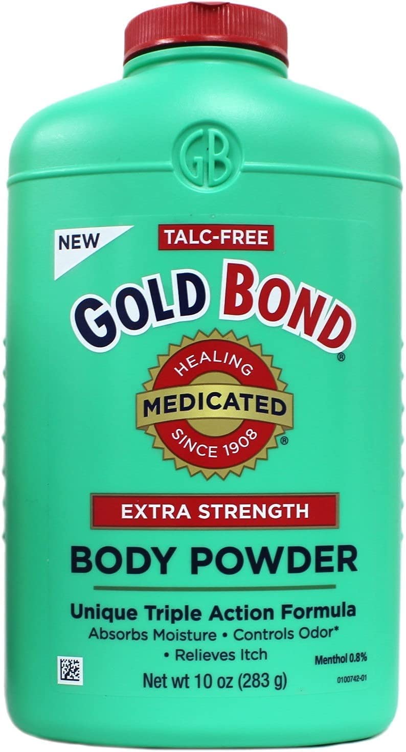 Six-pack Gold Bond Medicated Extra Strength Body Powder showing even texture and absorption.