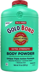 Six-pack Gold Bond Medicated Extra Strength Body Powder showing even texture and absorption.
