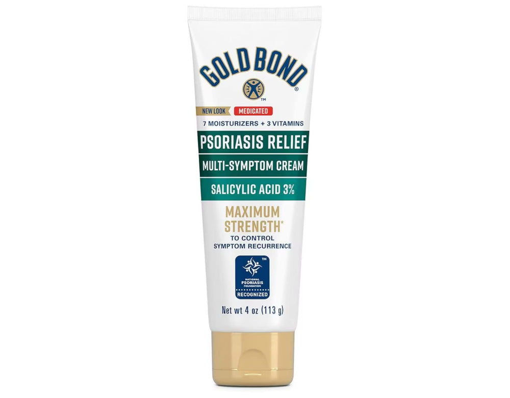 Gold Bond Ultimate Psoriasis Relief Cream application demonstrates calming skin and moisturization.
