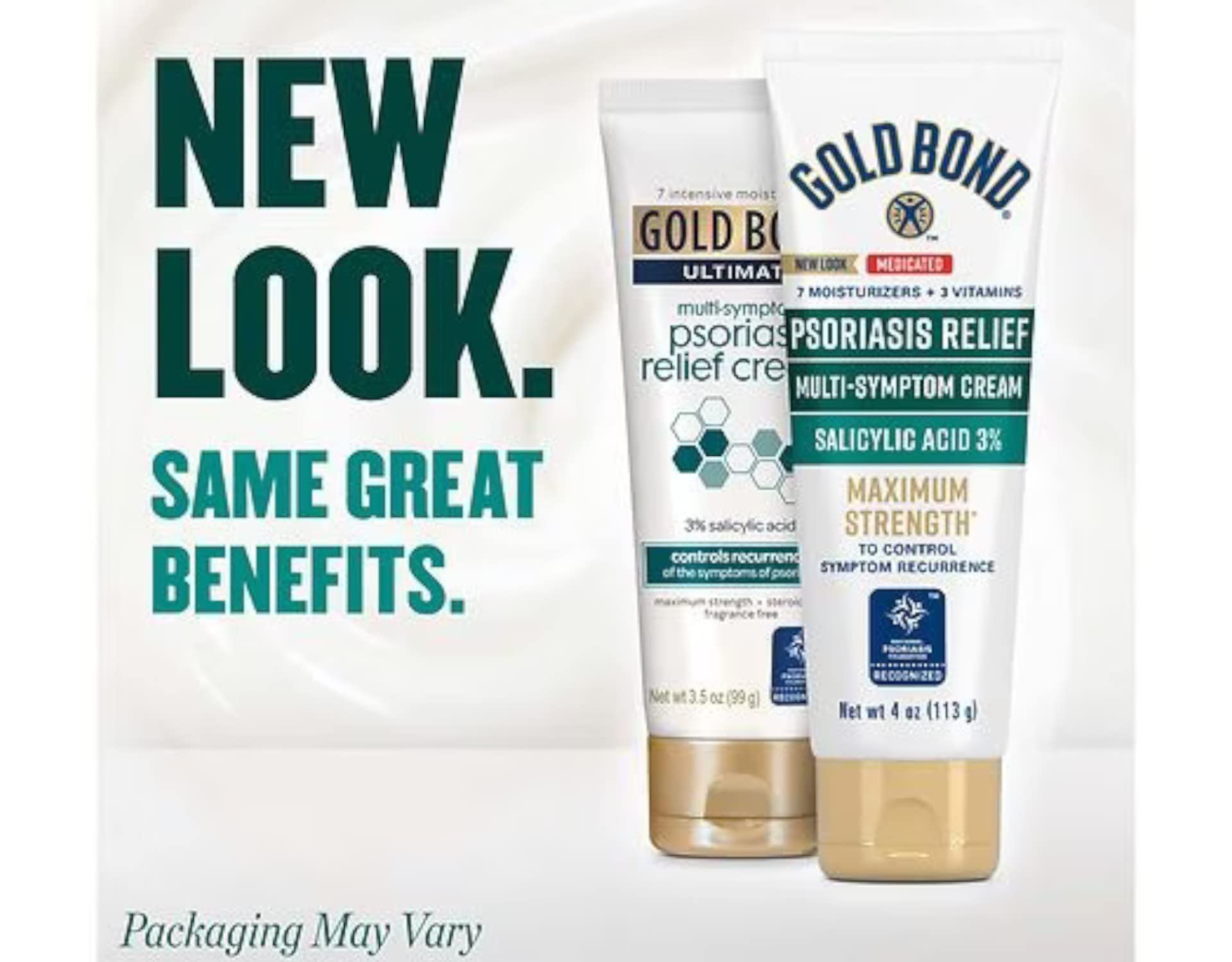 Gold Bond Psoriasis Relief Cream texture shown with non-greasy absorption.