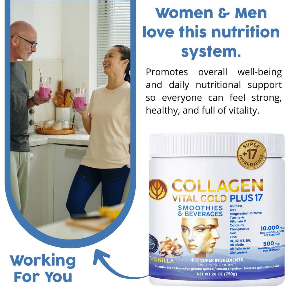 Gold Vital Life bottle showing +17 superfood ingredients for a balanced routine