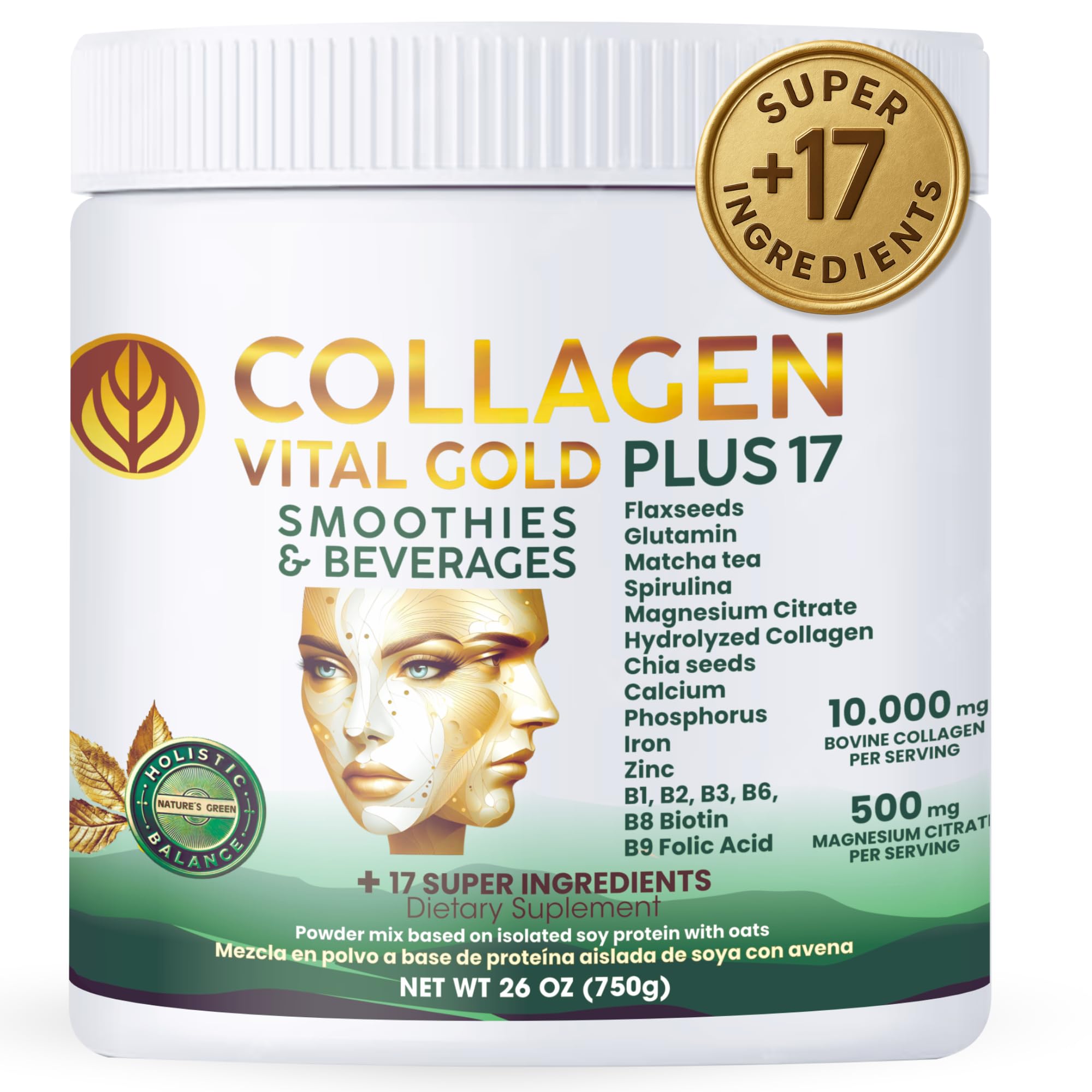 Gold Vital Life collagen powder bottle front highlighting premium formula for hair, skin, and joints.