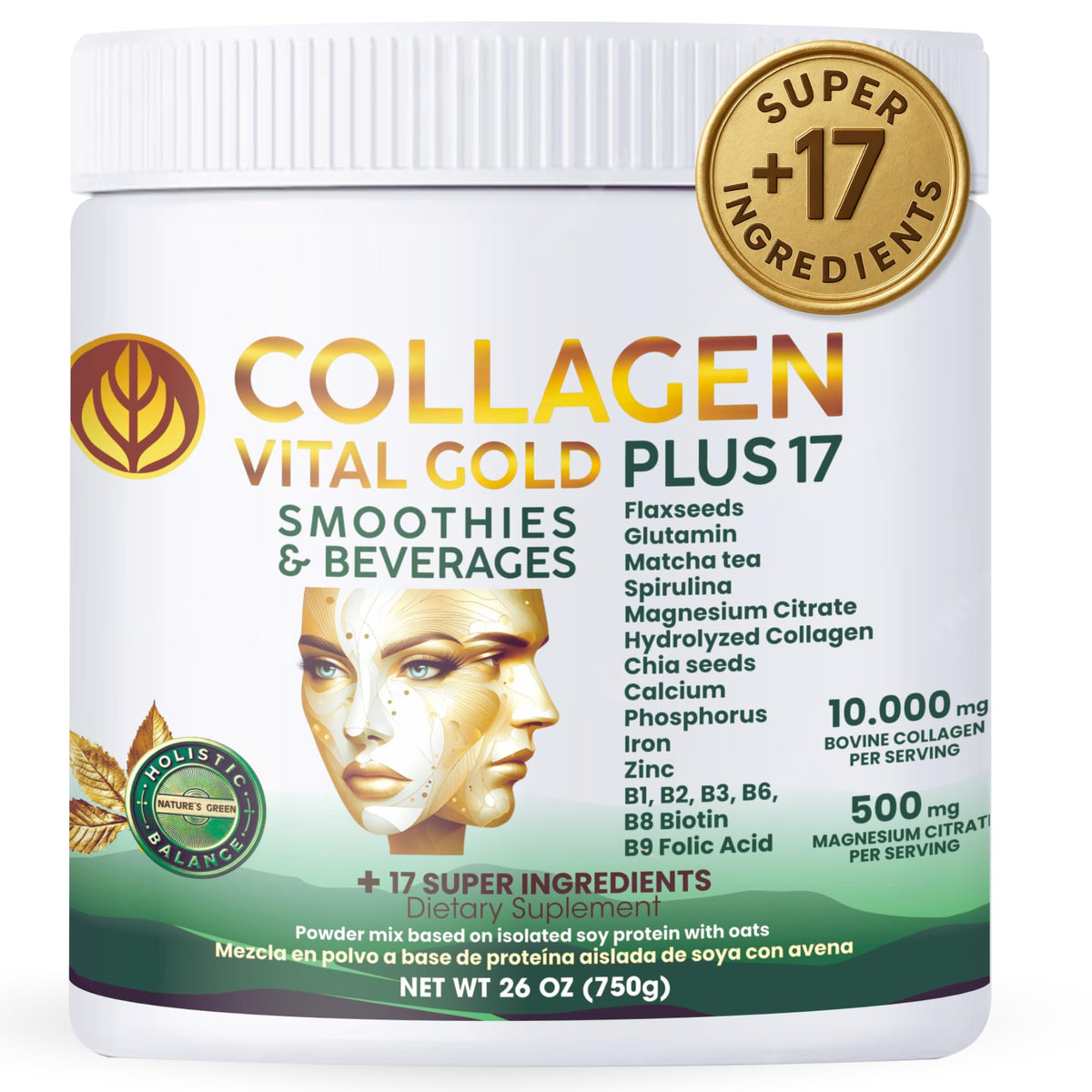 Gold Vital Life collagen powder bottle front highlighting premium formula for hair, skin, and joints.