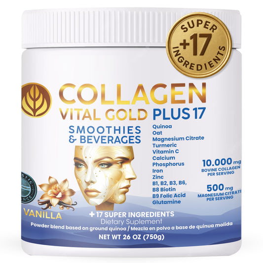 Gold Vital Life collagen powder bottle with vanilla flavor for daily beauty support