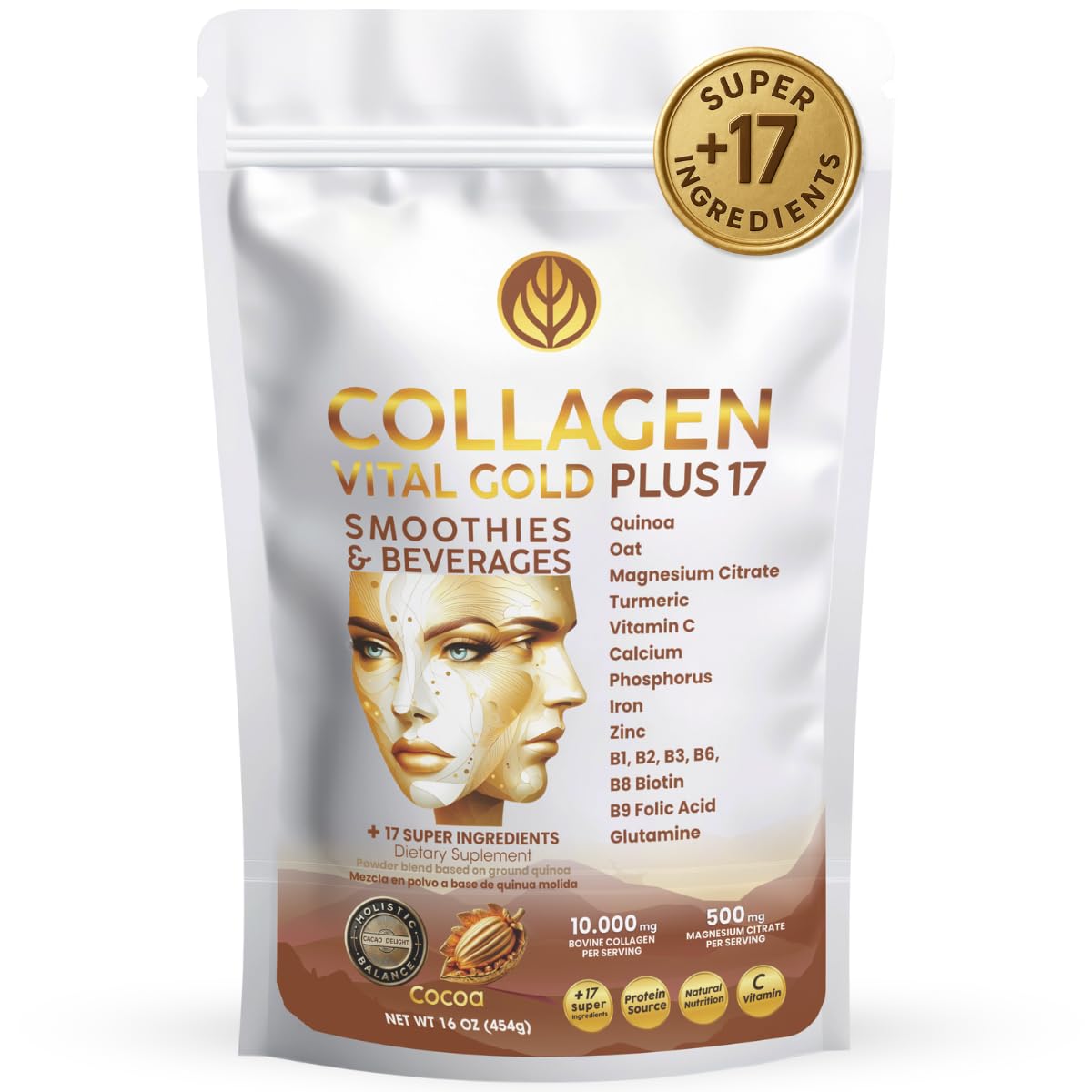 Gold Vital Life collagen powder bottle showing hydrolyzed peptides for fast absorption and daily use.