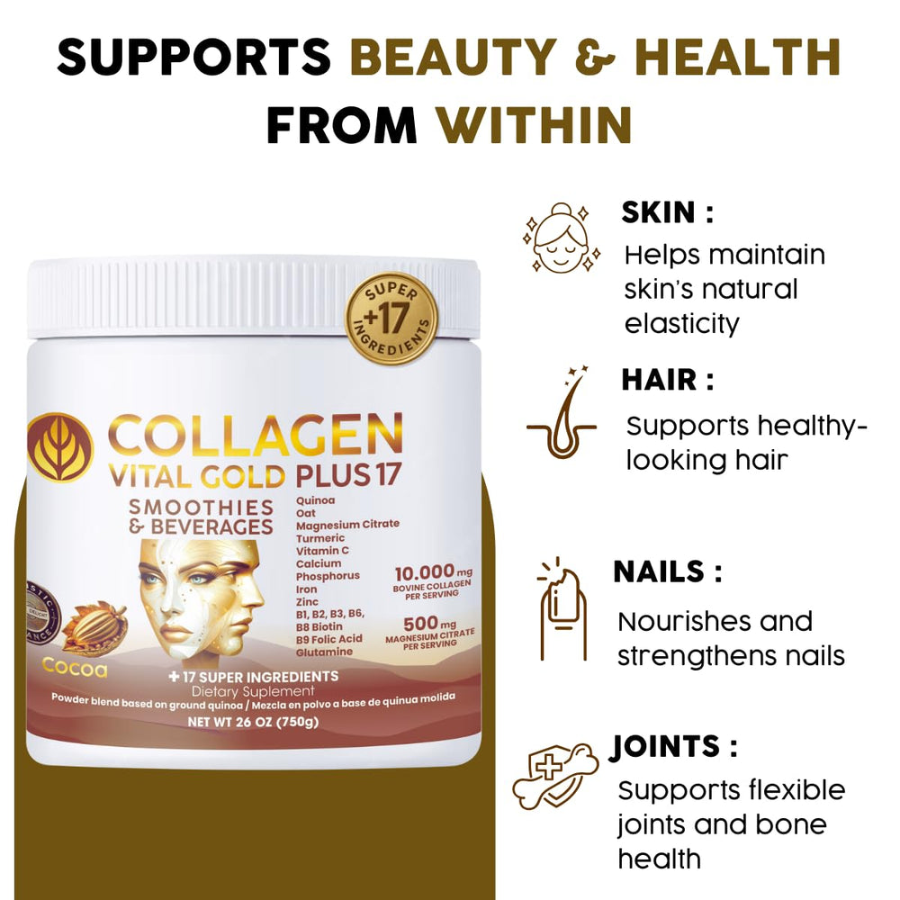 Gold Vital Life collagen ingredients spread illustrates the +17 superfood blend