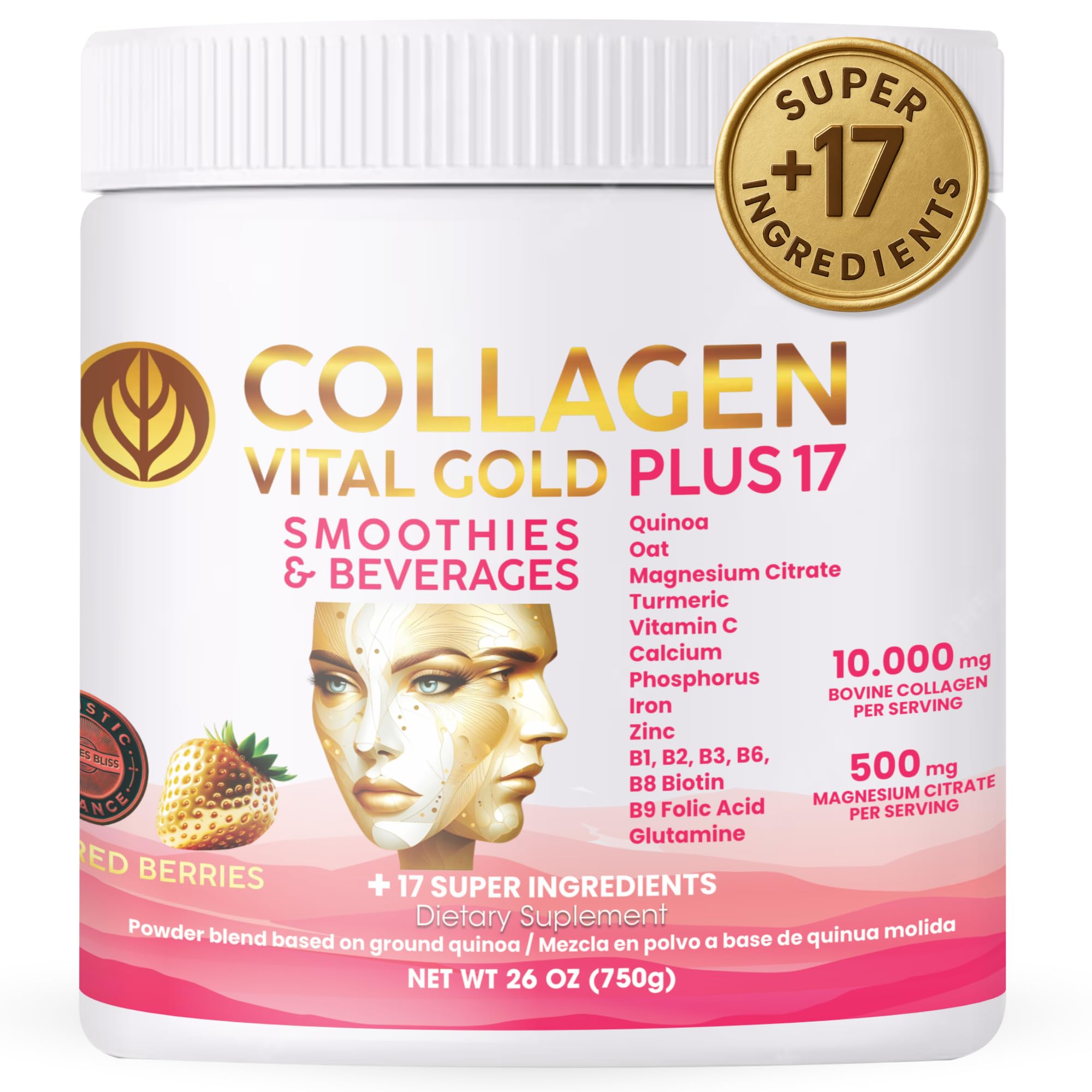 Gold Vital Life collagen powder tub highlights fast-absorbing hydrolyzed peptides for daily skin and joint support.