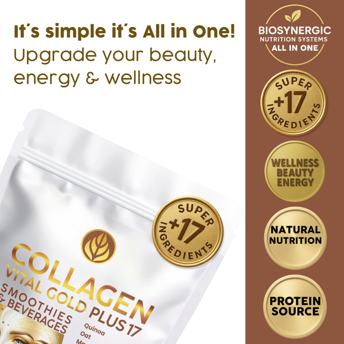 Gold Vital Life superfood ingredients label emphasizing +17 nutrients for collagen support.