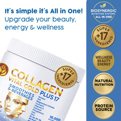 Gold Vital Life vanilla-flavored collagen powder beside a glass of water for easy mixing
