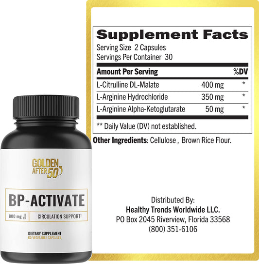 Golden After 50 BP-Activate capsules closeup highlighting L-Arginine, AAKG, and L-Citrulline for blood flow
