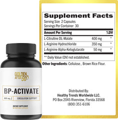 Golden After 50 BP-Activate capsules closeup highlighting L-Arginine, AAKG, and L-Citrulline for blood flow