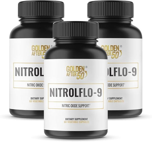 Golden After 50 NitrolFlo-9 bottle front view for natural energy support