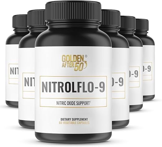 Golden After 50 NitrolFlo-9 bottle front highlights energy-supporting ingredients