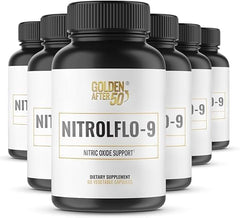 Golden After 50 NitrolFlo-9 bottle front highlights energy-supporting ingredients