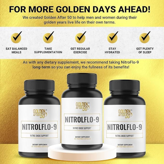 Golden After 50 NitrolFlo-9 bottle open demonstrates easy daily capsule use