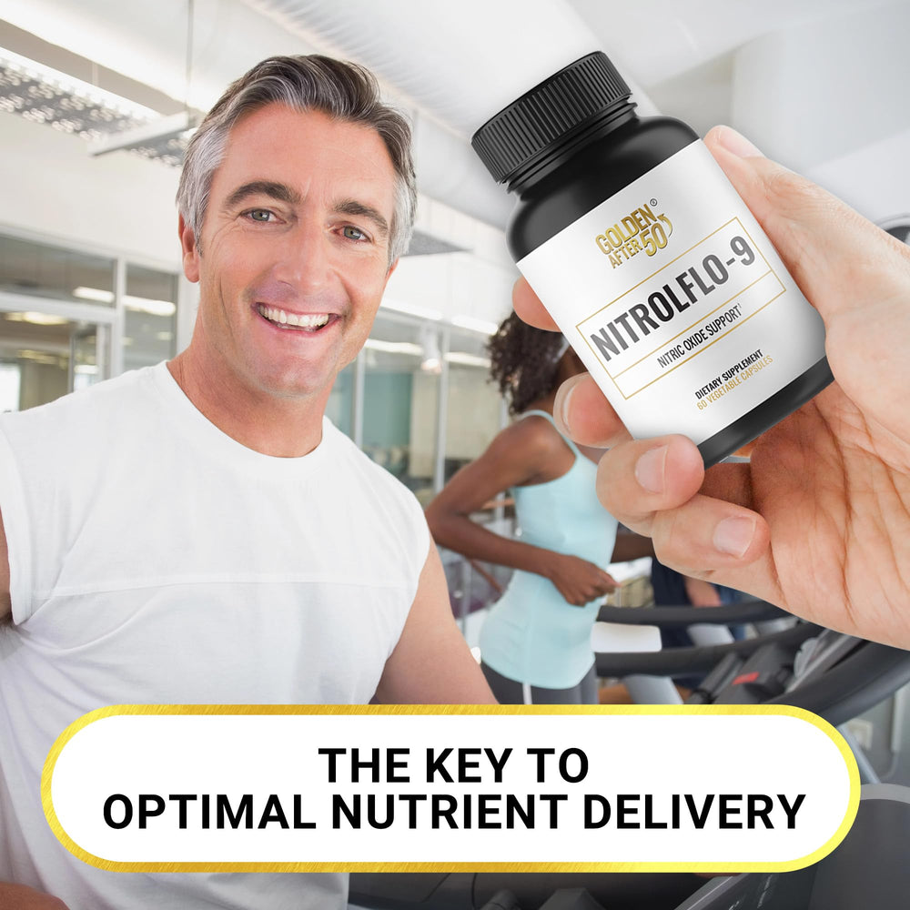 Golden After 50 NitrolFlo-9 grape seed extract capsule detail emphasizing antioxidants.