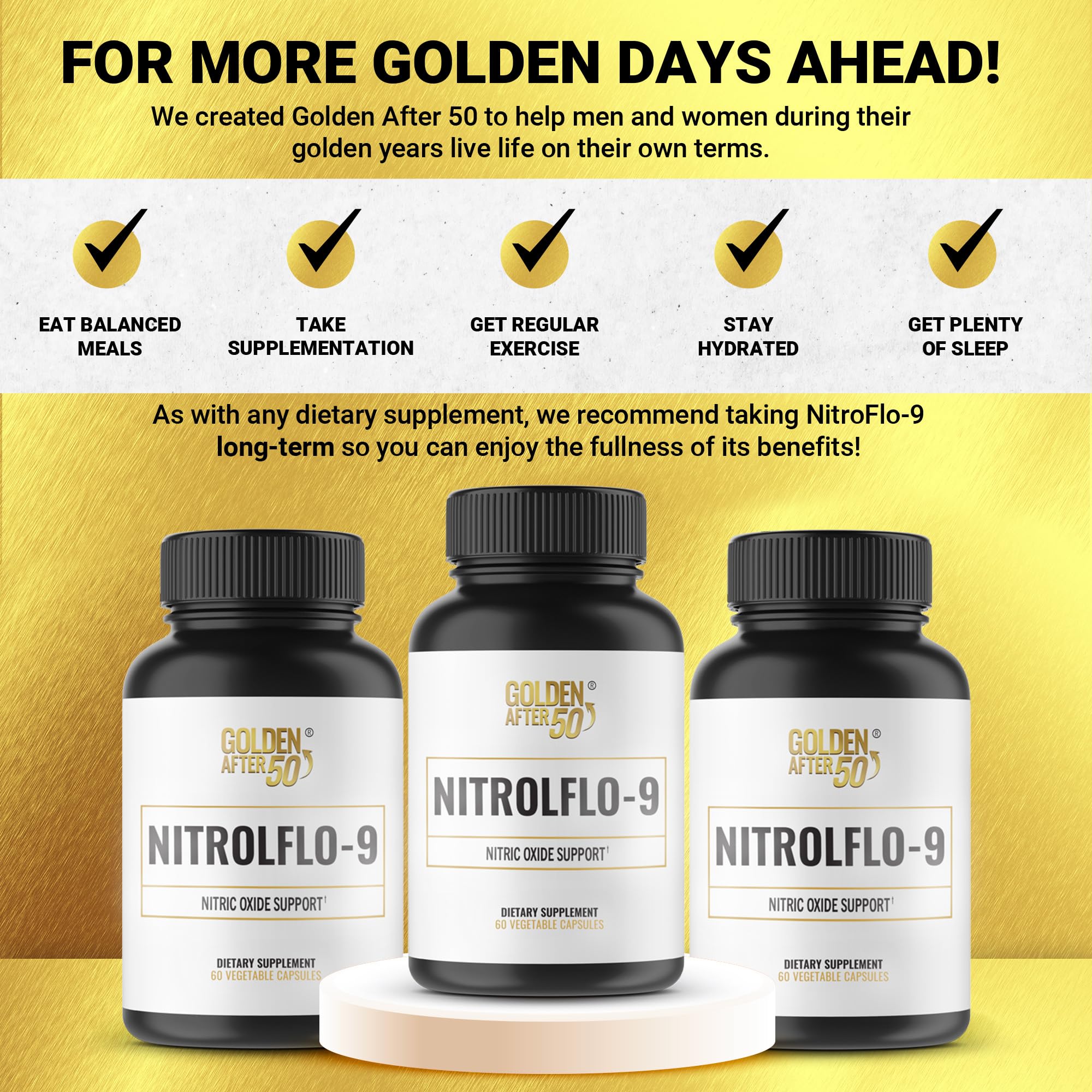 Golden After 50 NitrolFlo-9 lifestyle shot implying all-day energy.