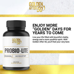 Golden After 50 Probio-Lite capsules closeup for daily probiotic intake