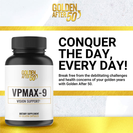 Golden After 50 VpMax-9 capsules in hand illustrating convenient daily use