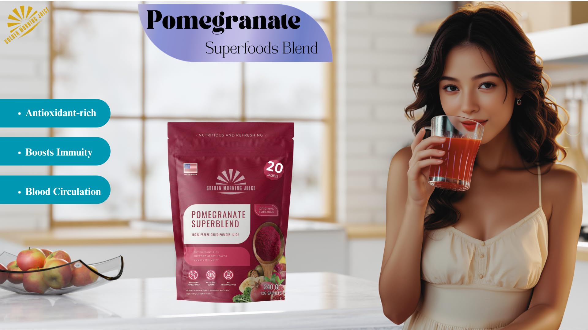 Close-up of pomegranate, kale, and avocado ingredients in powder for nutritious mix.