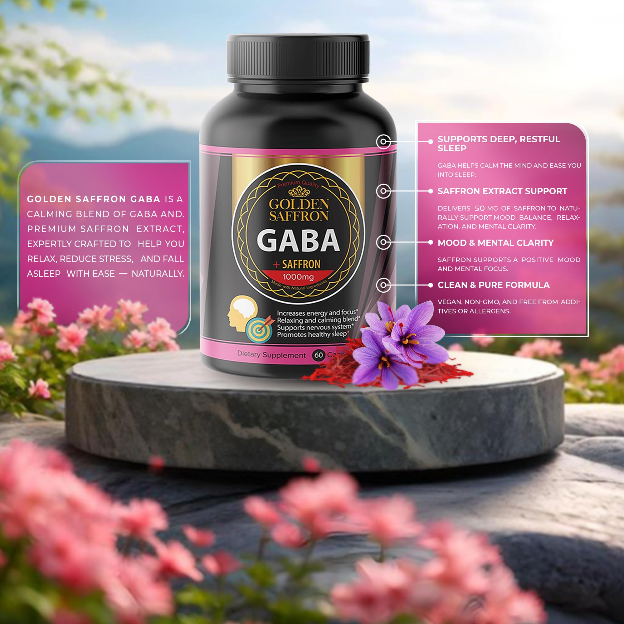 GOLDEN SAFFRON GABA capsules close-up for easy daily use.