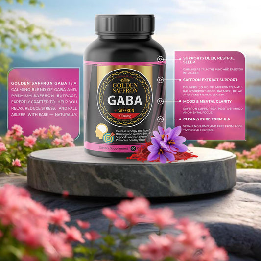 GOLDEN SAFFRON GABA capsules close-up for easy daily use.