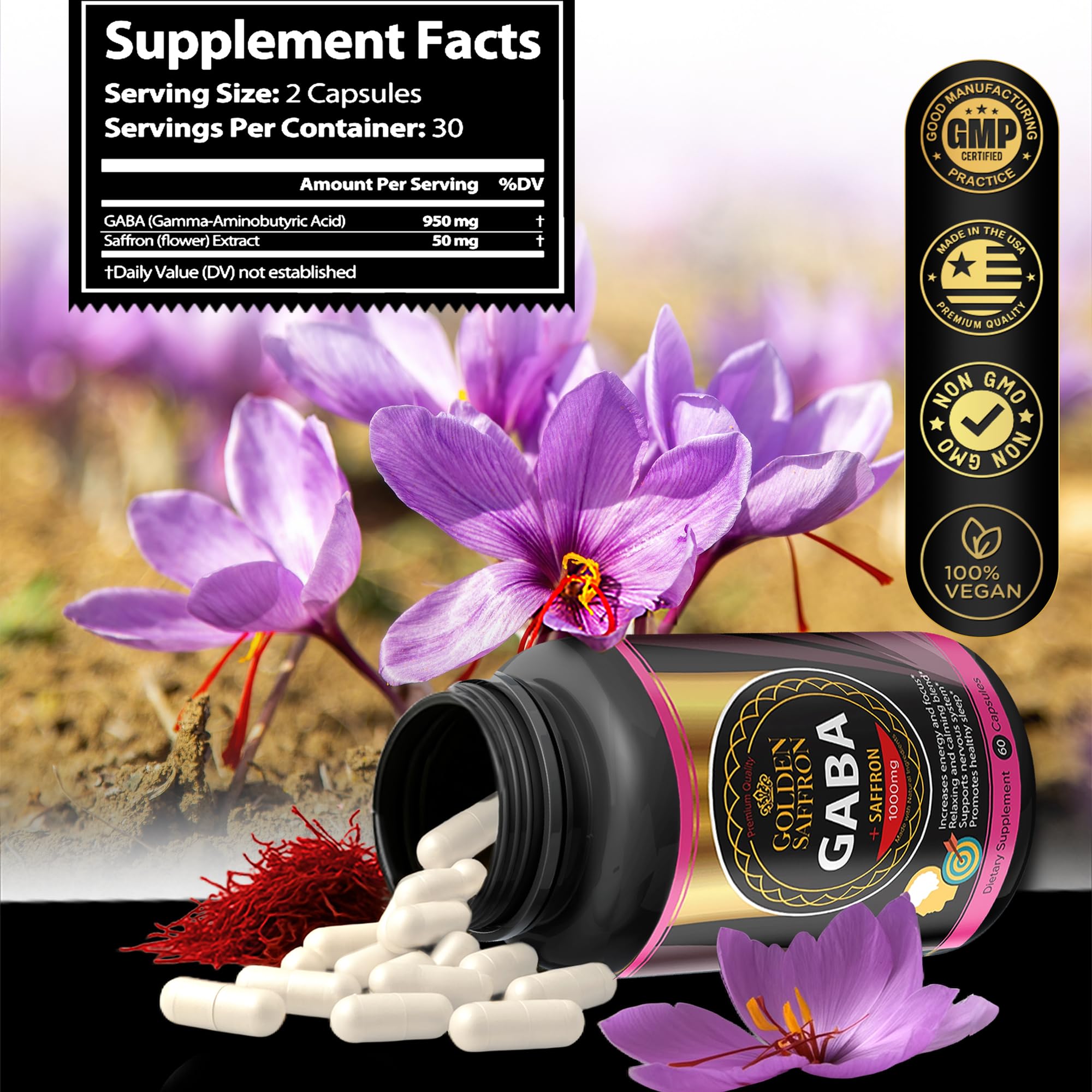 GOLDEN SAFFRON GABA saffron threads highlighting premium extract.