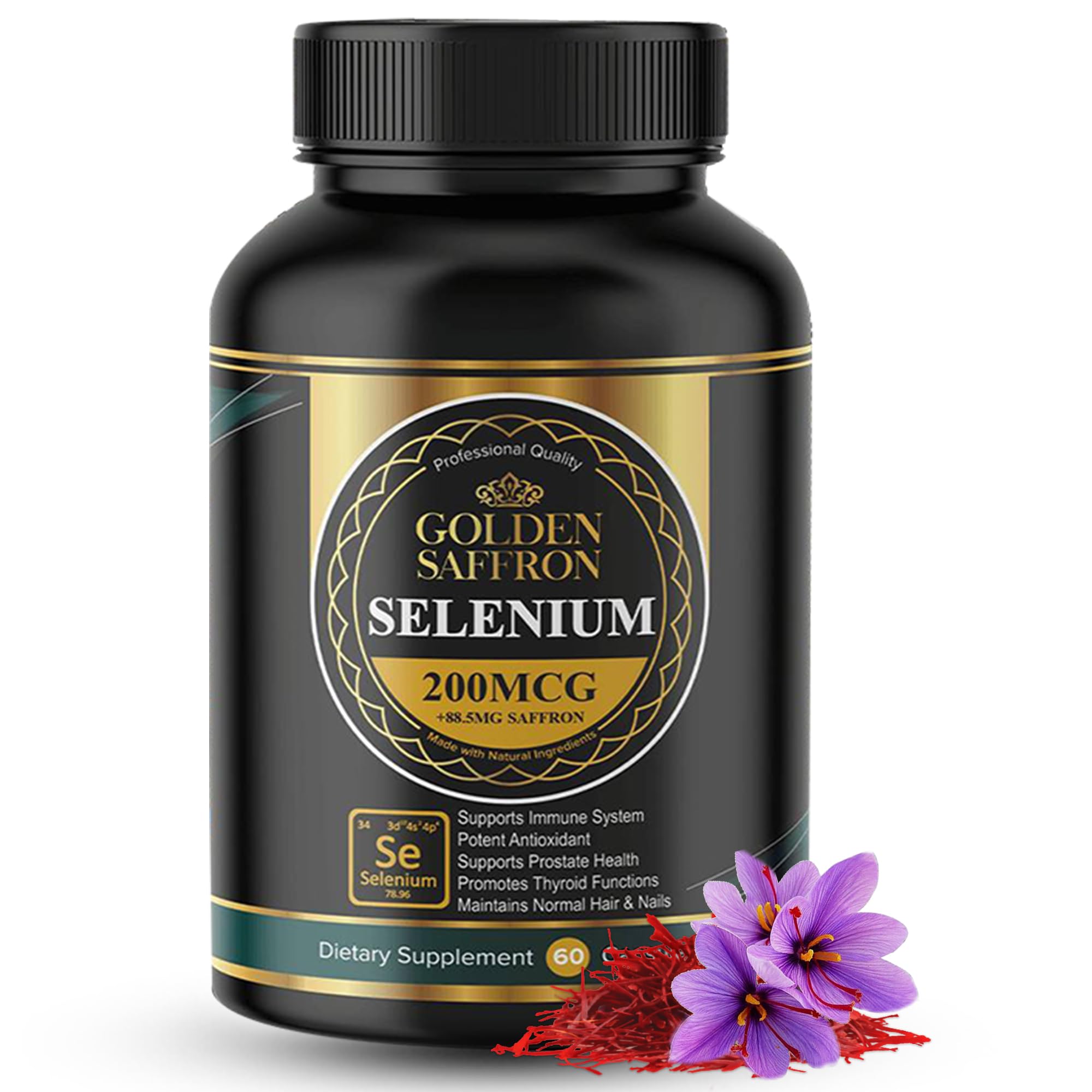 Golden Saffron Selenium bottle with tasteless capsules for easy daily use.