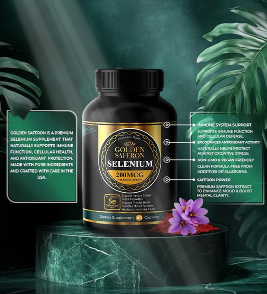 Close-up of Golden Saffron Selenium capsules showing tasteless formula.