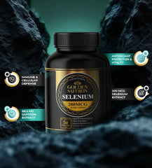 Golden Saffron Selenium label highlights non-GMO and gluten-free traits.