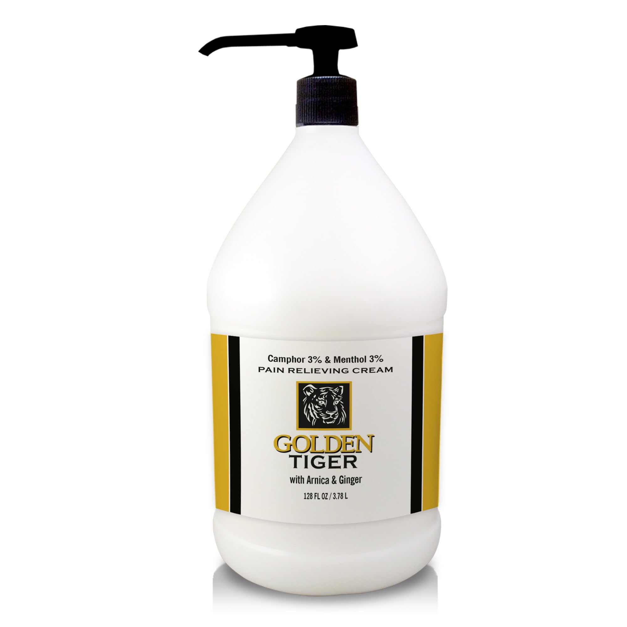 Golden Tiger Pain Relief Cream bottle in a 1-gallon jug for quick, targeted relief.