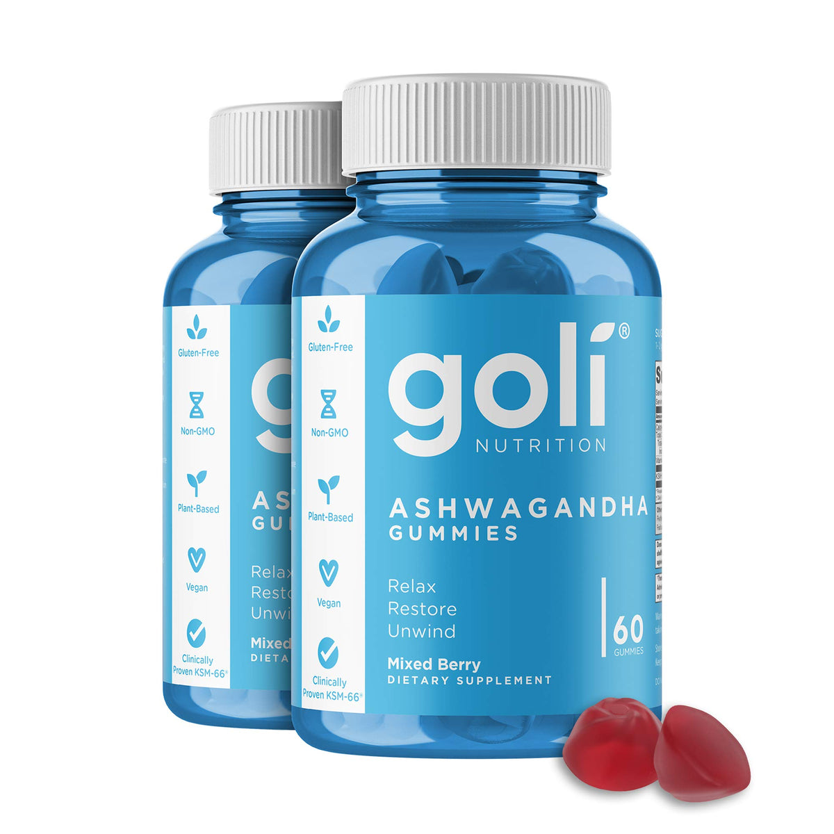 Goli Ashwagandha Gummies bottle-front highlighting KSM-66 for daily balance