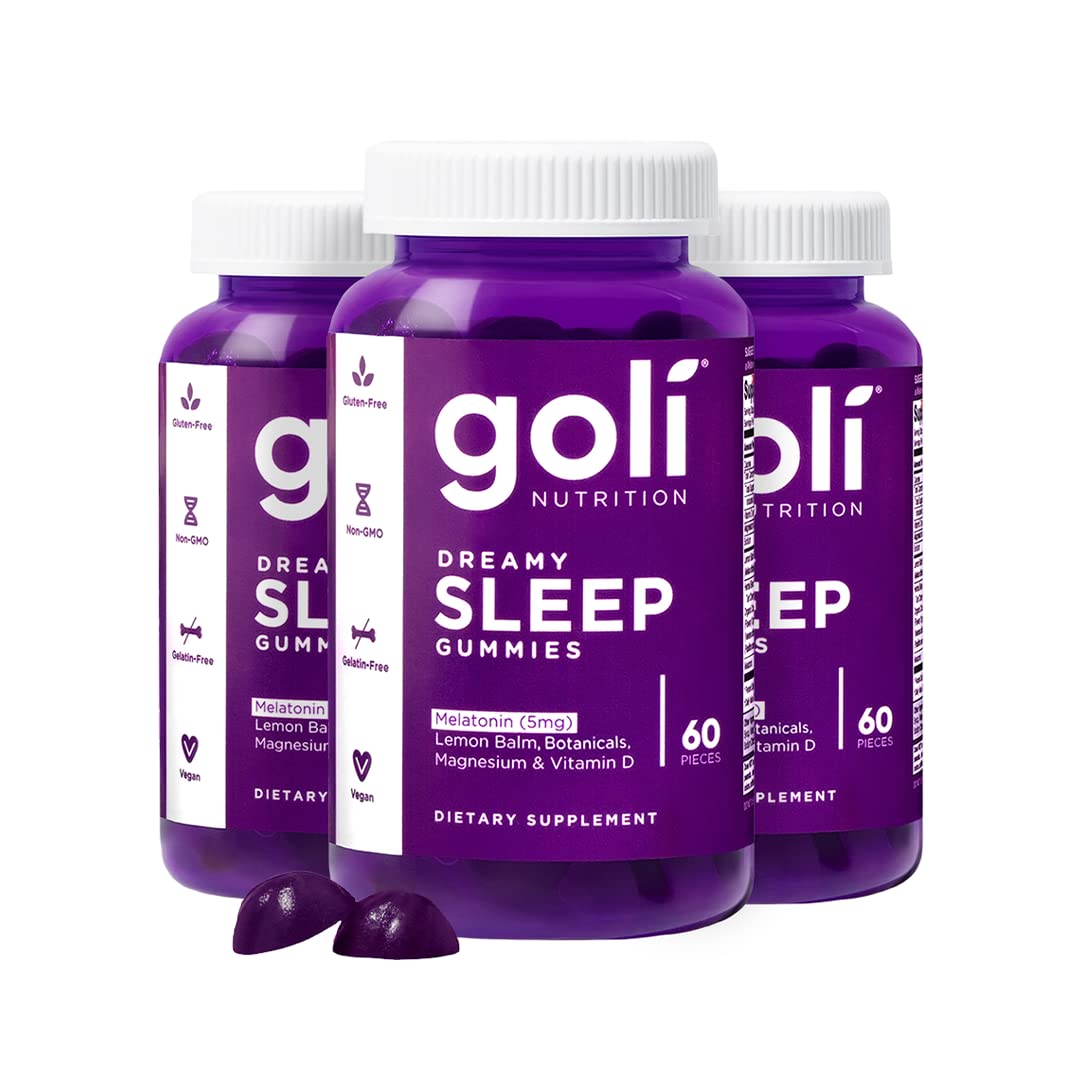 Goli Dreamy Sleep Gummy bottle close-up promotes calm, restful sleep.