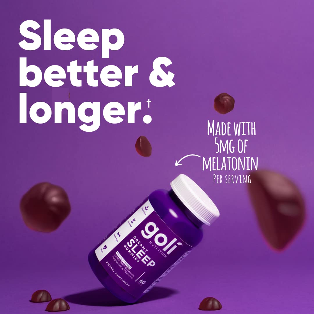 Goli Dreamy Sleep Gummy label emphasizes gluten-free and gelatin-free formula.