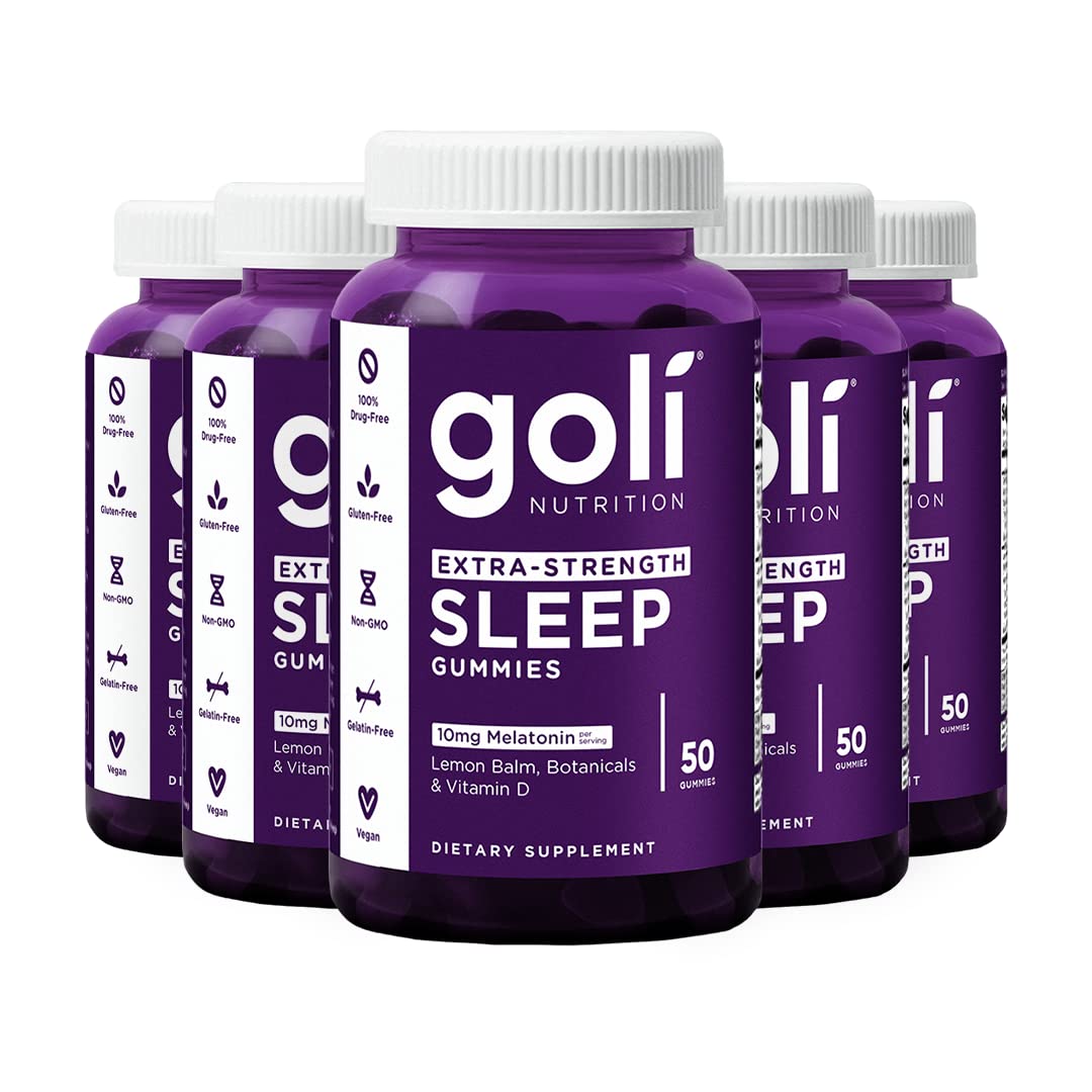 Goli Extra-Strength Sleep Gummies bottle front shows vegan, gluten-free formula for a soothing nightly routine.