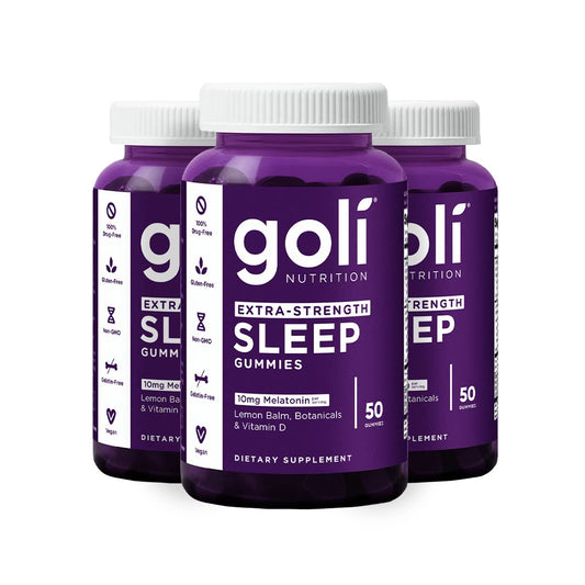 Goli extra-strength sleep gummies bottle front showing packaging and product name.