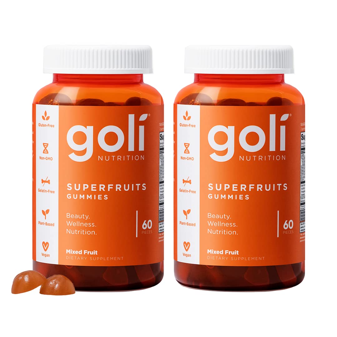 Goli Superfruits gummy bottle close-up highlighting brand and color.