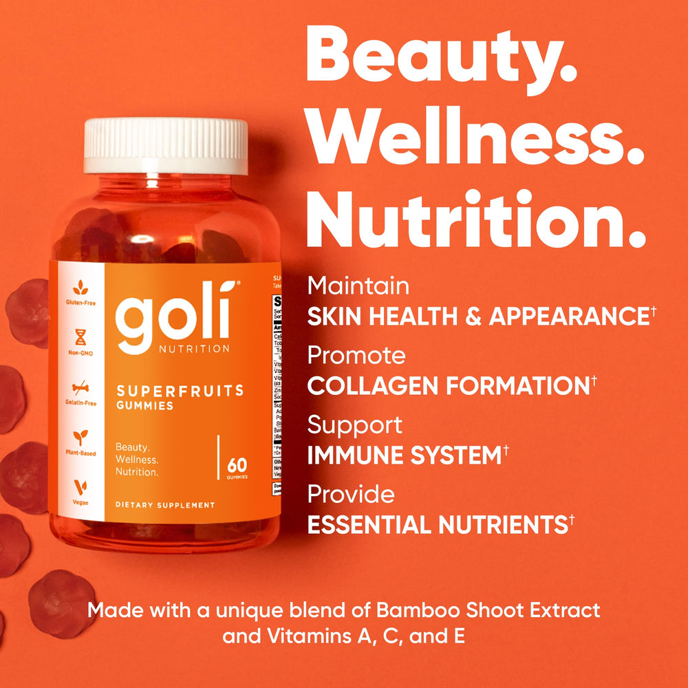 Goli Superfruits gummy label detail showing vegan and non-GMO quality.