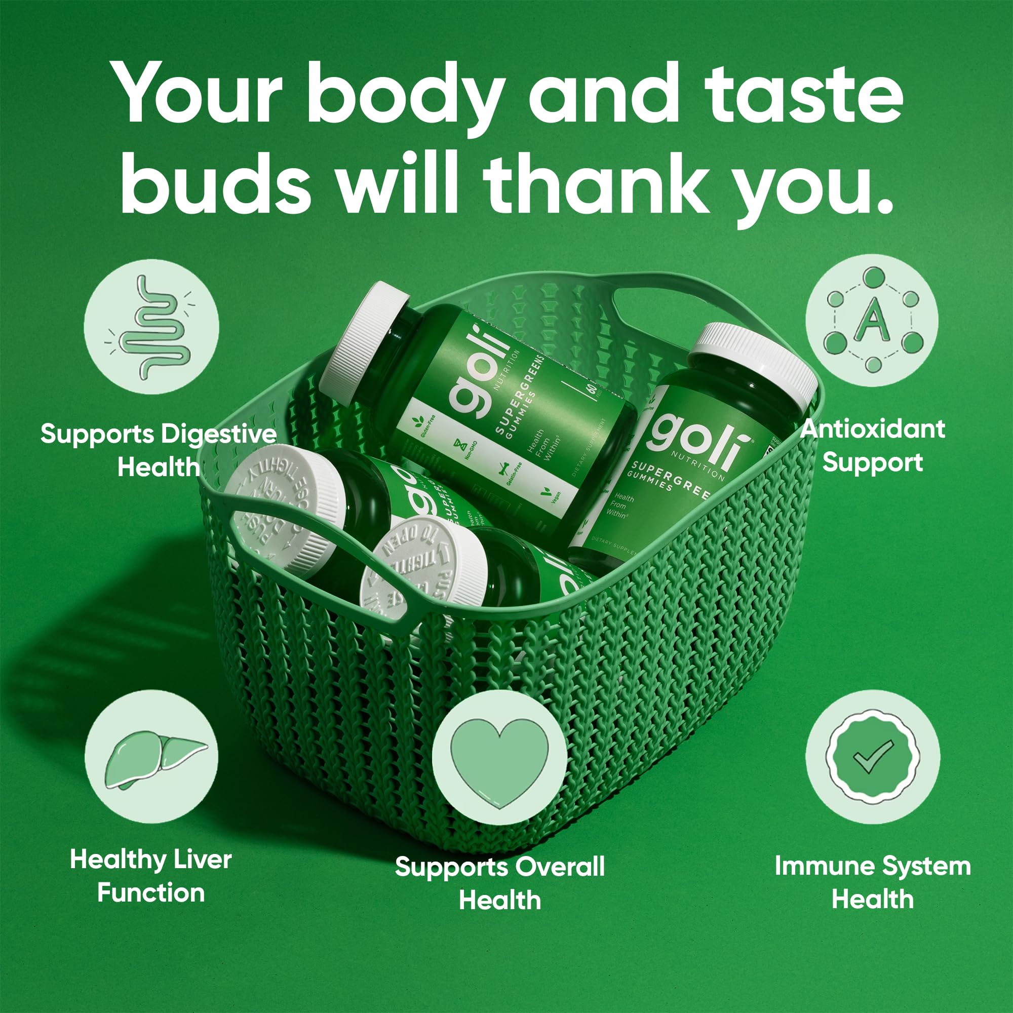 Goli Supergreens bottle with label, vegan, gluten-free, and non-GMO credentials.
