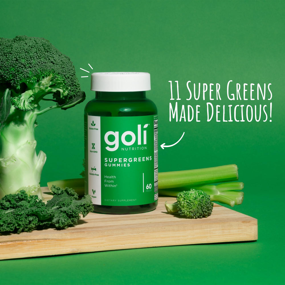 Goli Supergreens daily serve section illustrating an easy two-gummies-a-day routine.