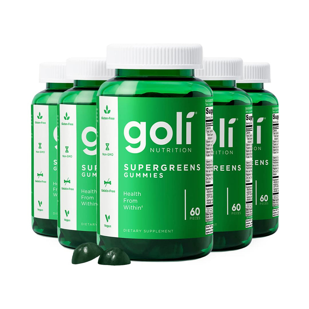 Goli Supergreens gummies bottle front, supports daily greens intake.