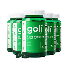 Goli Supergreens gummies bottle front, supports daily greens intake.