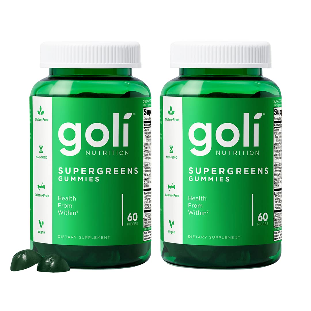 Goli Supergreens bottle with gummies, showcasing vegan, gluten-free daily greens.