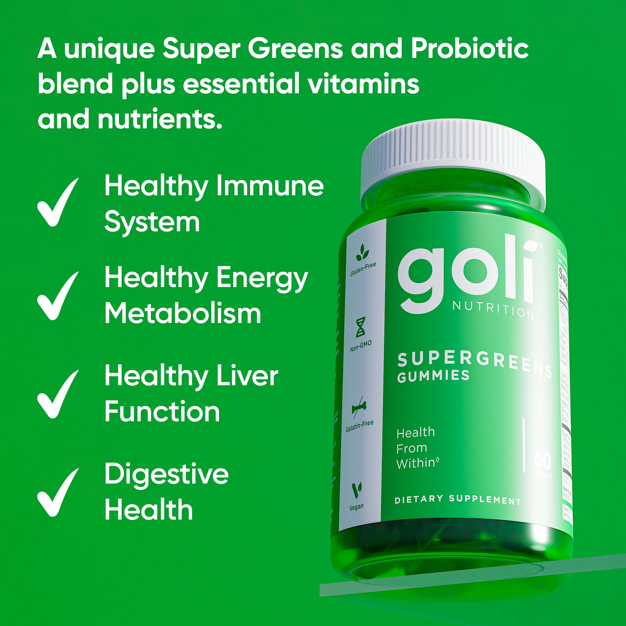Goli Supergreens gummies closeup texture, highlighting plant-based color for convenient nourishment.