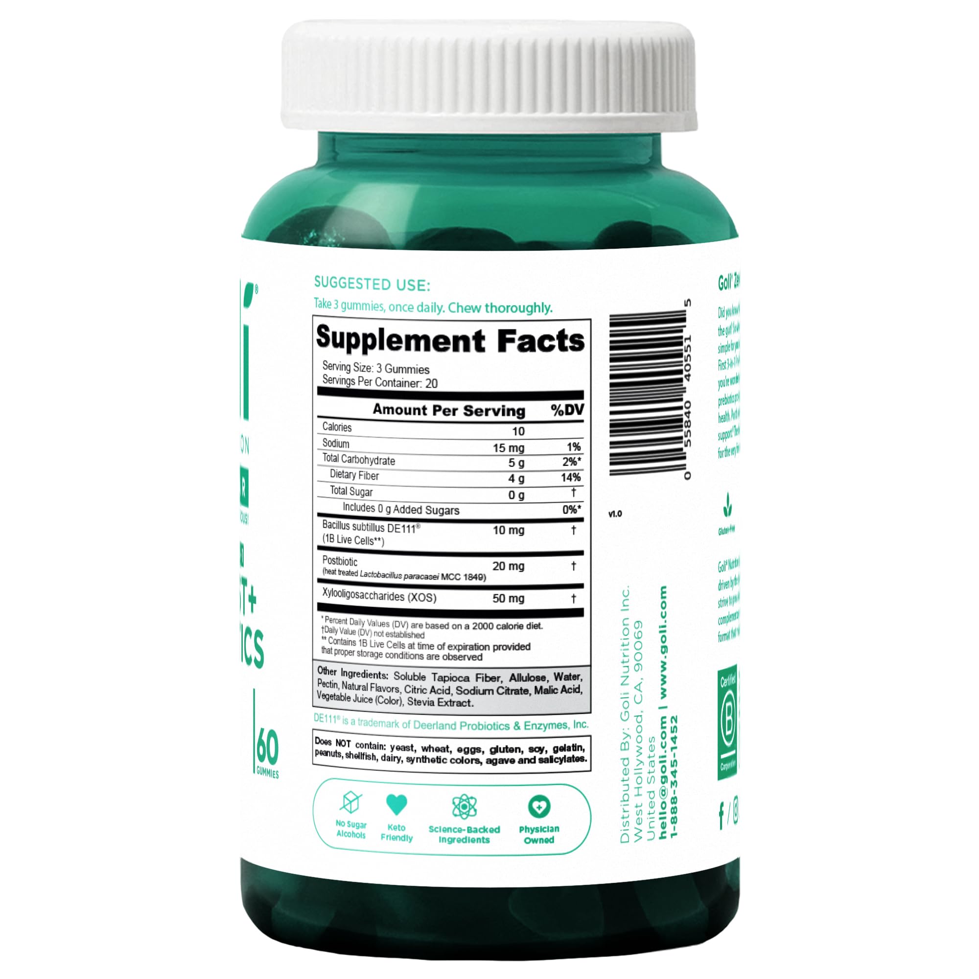 Goli Zero Sugar Pre Pro Postbiotic Gummies close-up with natural flavor and clean label