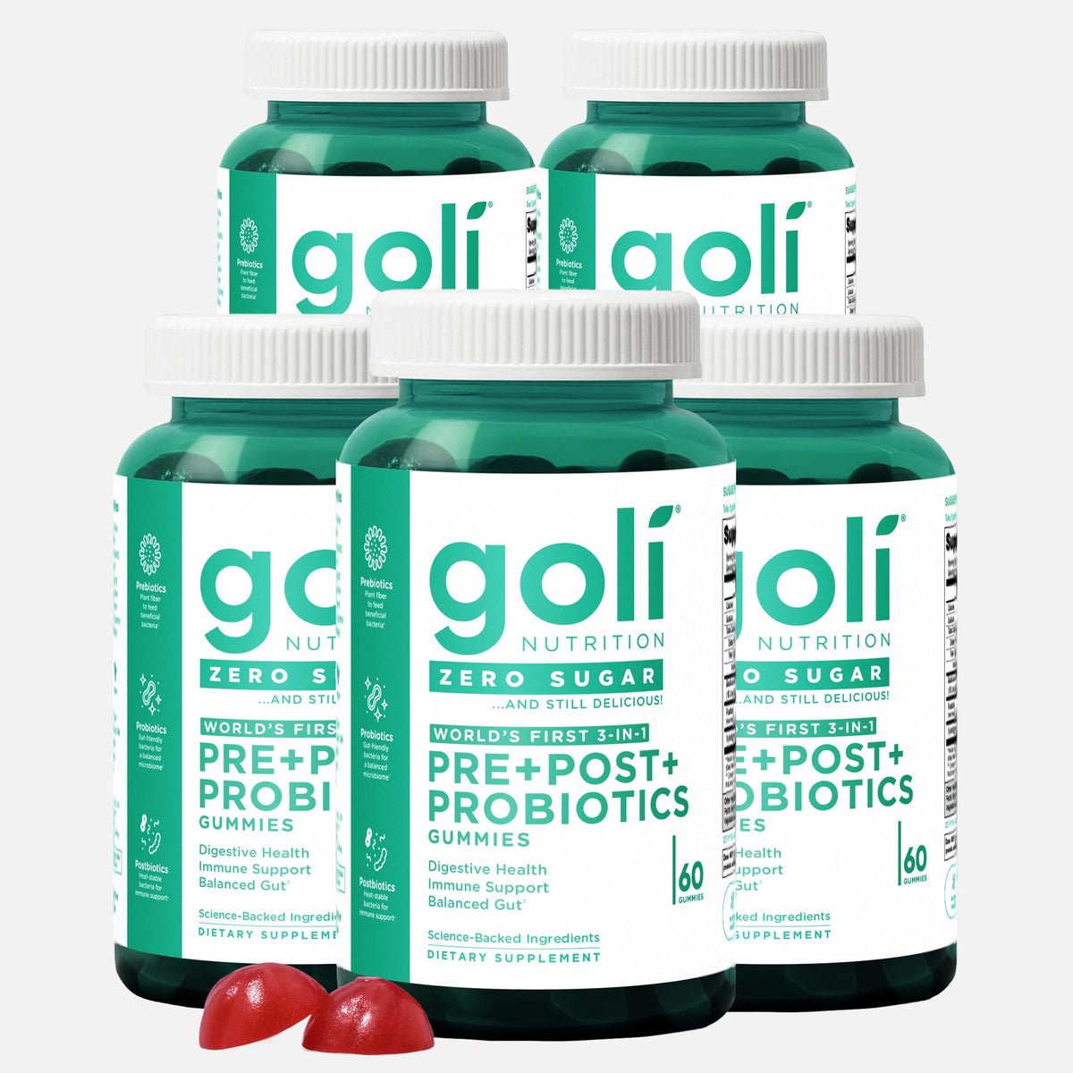 Goli Zero Sugar Pre Pro Postbiotic Gummies pack front view, convenient daily gut wellness support