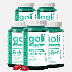 Goli Zero Sugar Pre Pro Postbiotic Gummies pack front view, convenient daily gut wellness support
