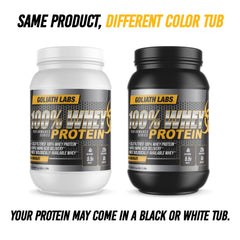 Goliath Labs strawberry whey protein powder close-up showing smooth texture.